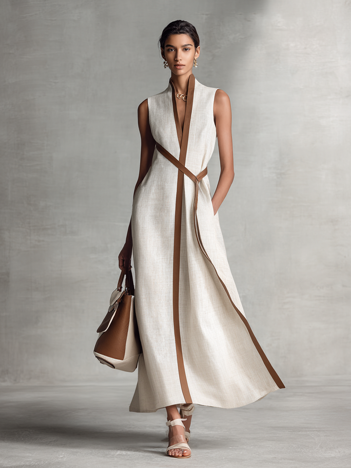 Women's chic V-neck A-line maxi dress with contrast trim. Ideal for wedding guests or summer parties.