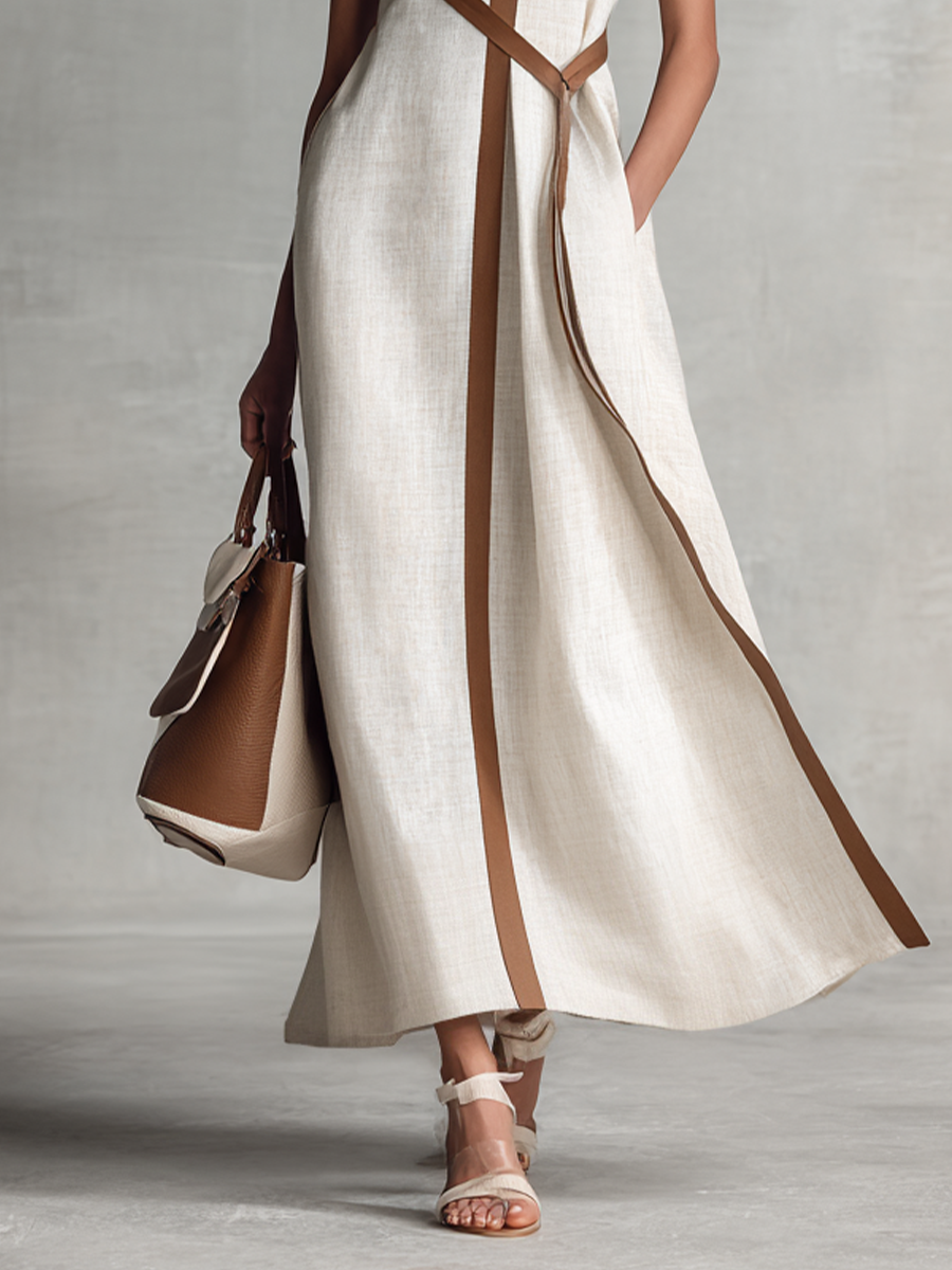 Stylish women's V-neck maxi dress with contrast trim, A-line silhouette. Perfect party or date night dress.