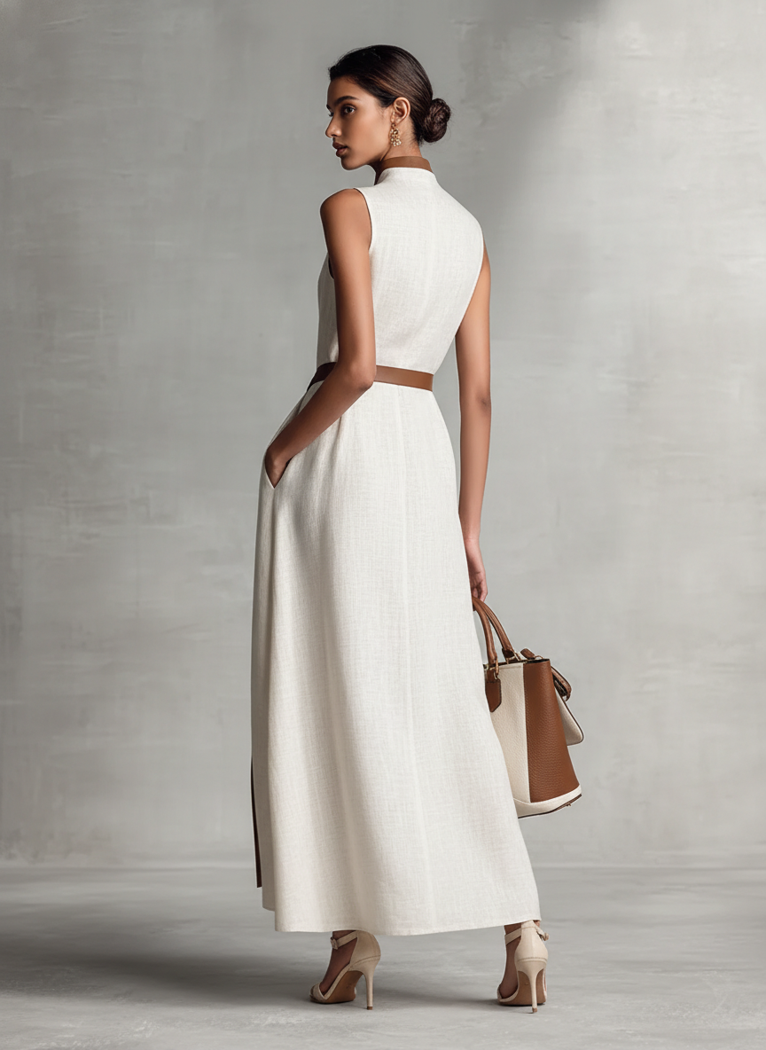 Beautiful women's elegant A-line maxi dress, V-neck, sleeveless, contrast trim. Chic for special occasions.