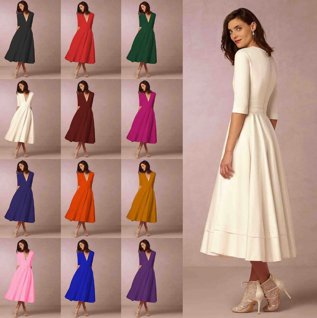 Classic women's V-neck midi dress with elbow sleeves, embodying elegant and versatile fashion.