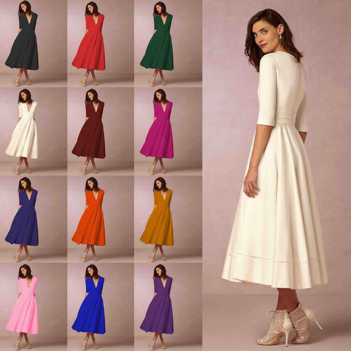 Classic women's V-neck midi dress with elbow sleeves, embodying elegant and versatile fashion.