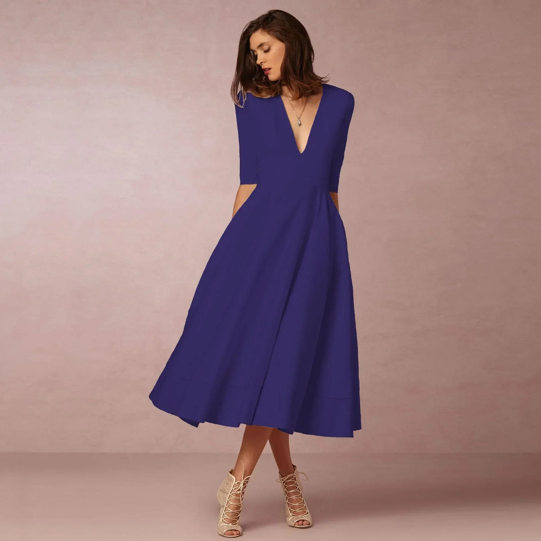 Versatile women's elegant V-neck midi dress with elbow sleeves; ideal for office or party wear.