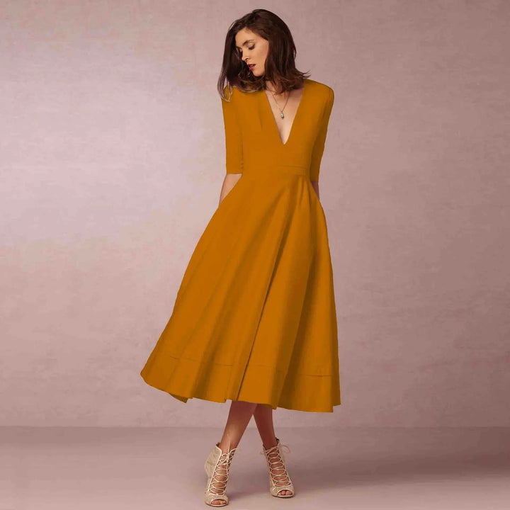 Chic V-neck elbow-sleeve women's midi dress, sophisticated style for casual or formal occasions.