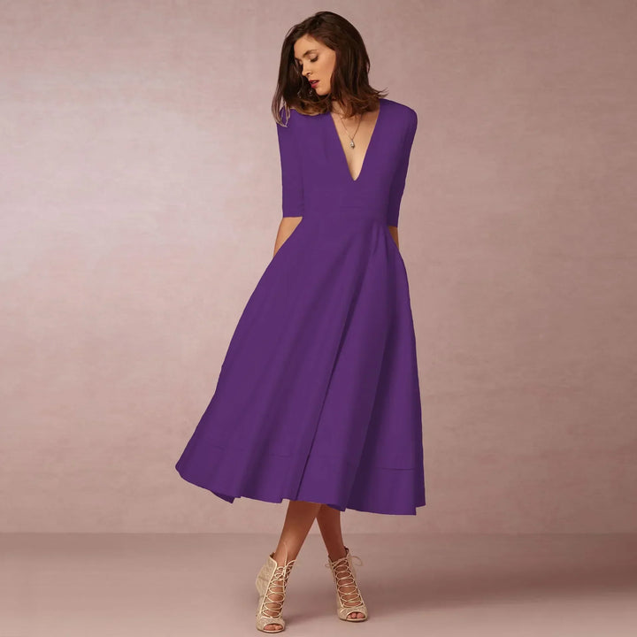 Elegant V-neck midi dress for women, with elbow sleeves for a polished, office-appropriate outfit.
