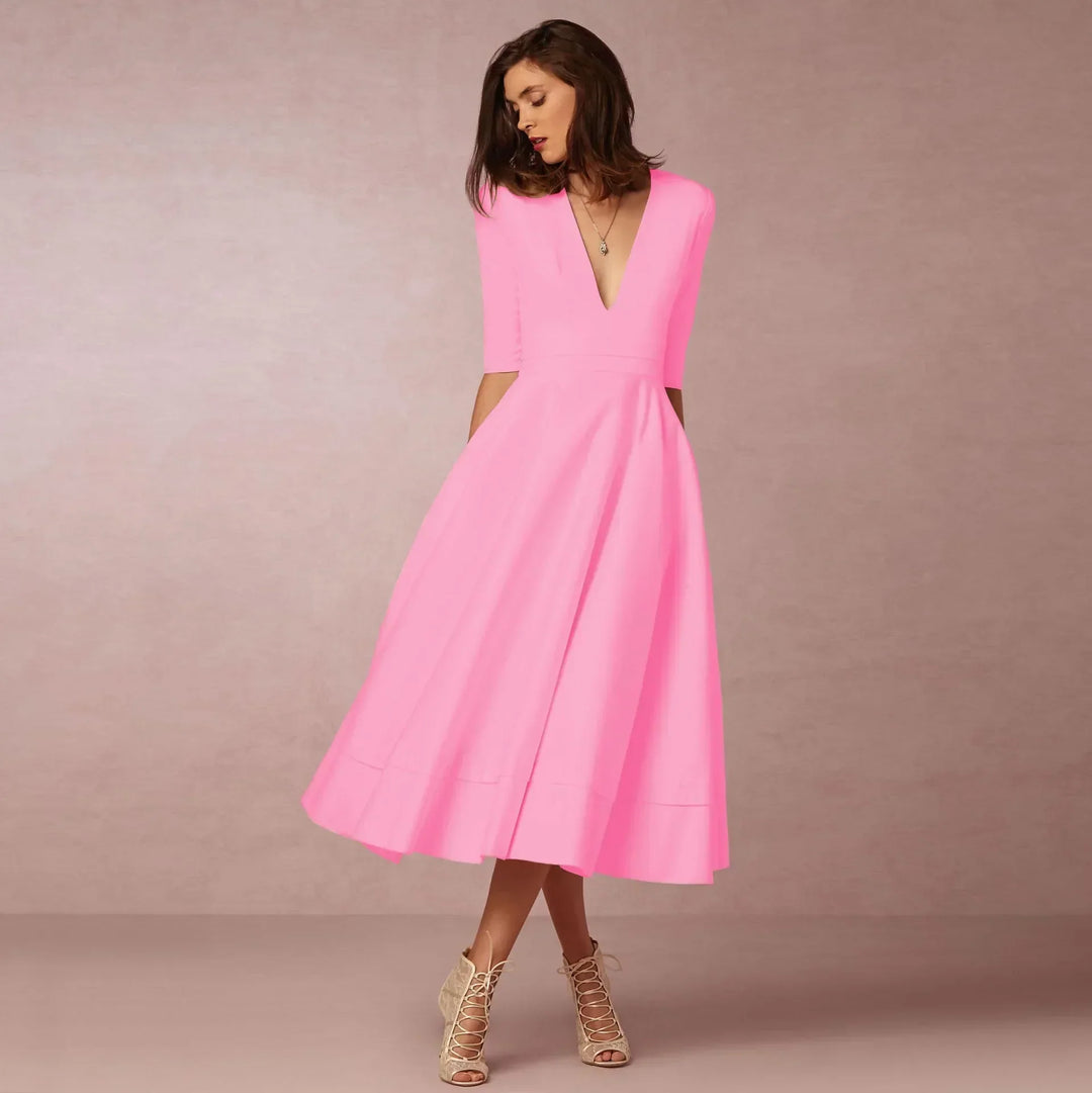 Sophisticated women's V-neck midi dress, elbow-sleeve design, ideal for versatile party wear.