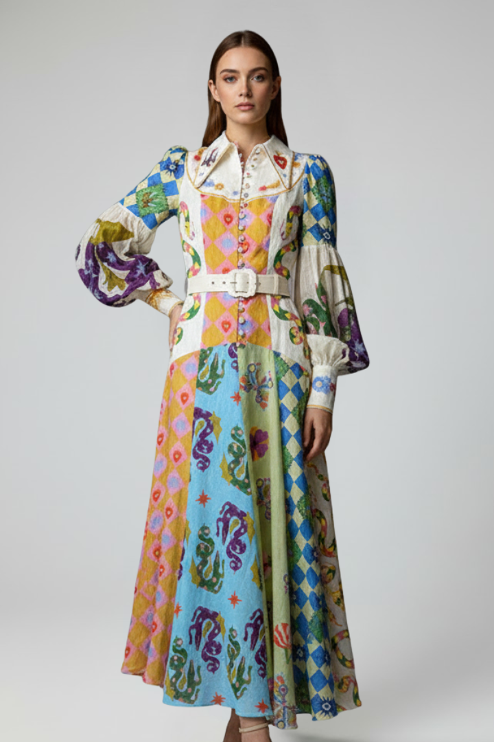 Beautiful women's V-neck maxi dress, long sleeves, with a subtle pattern, ideal for elegant formal wear.