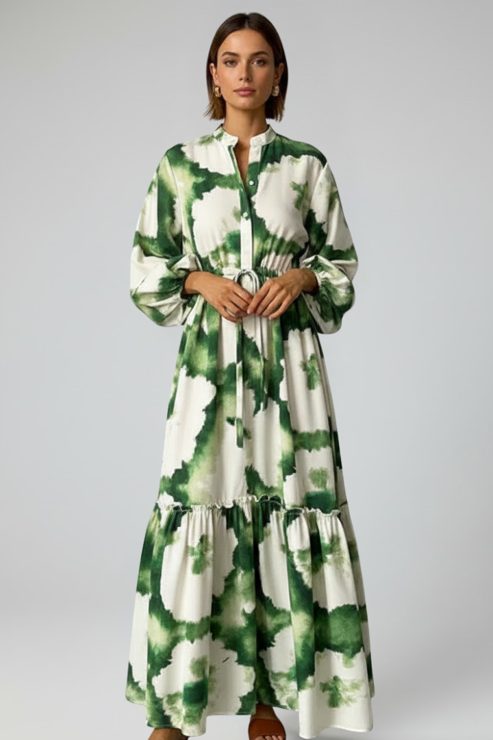 Flowy patterned long sleeve maxi dress for women, a chic V-neck gown for spring or fall events.