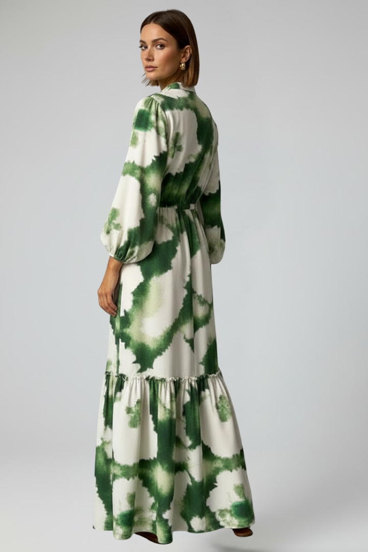 Chic patterned V-neck maxi dress for women with long sleeves, ideal for party & formal occasions.