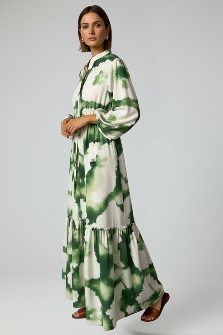 Stylish women's long sleeve V-neck maxi dress, an elegant flowy design for spring/fall fashion.