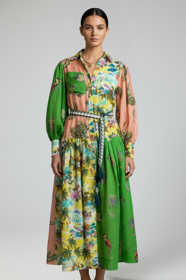Graceful women's V-neck long sleeve maxi dress with a beautiful pattern, perfect for formal events.