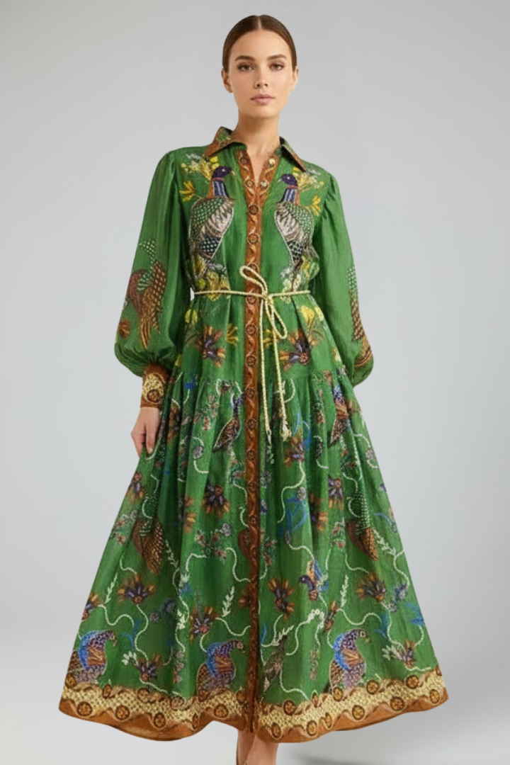 Sophisticated women's patterned maxi dress with V-neck & long sleeves, perfect for evening wear.