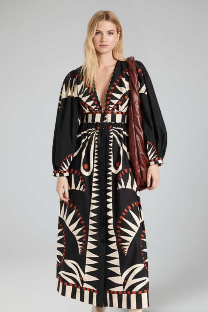 Fashionable women's long sleeve V-neck maxi dress, elegant flowy design for parties & occasions.