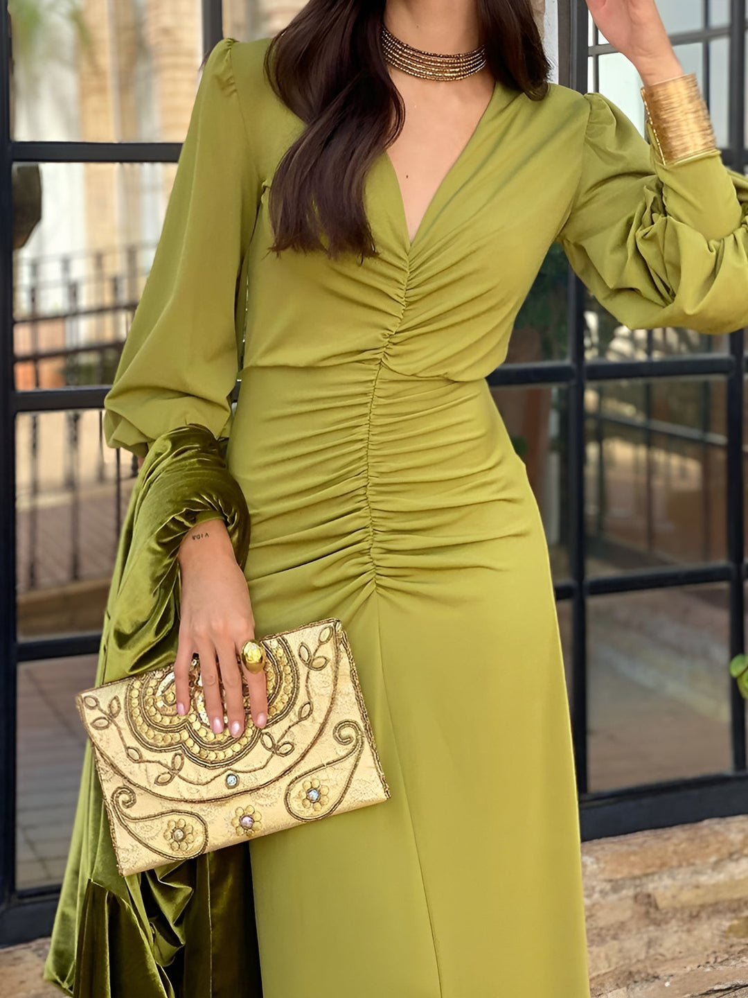 Sophisticated long sleeve V-neck maxi dress, ruched high-low hem, women's formal.