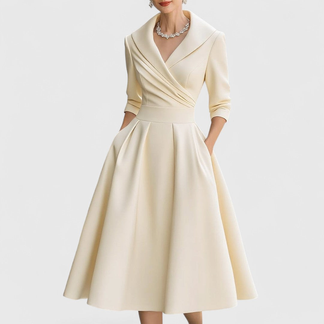 Elegant women's midi dress, V-neck, 3/4 sleeves. Perfect for office, formal events or casual outings.