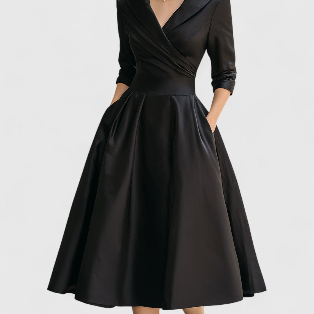 Stylish women's elegant midi dress with V-neck & 3/4 sleeves, suitable for parties & office wear.
