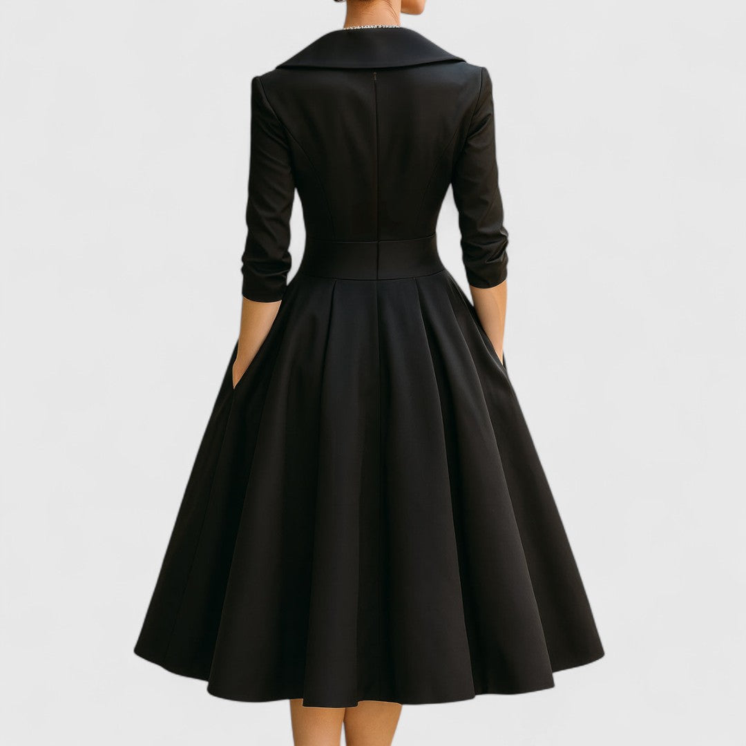 Women's elegant 3/4 sleeve V-neck midi dress, a versatile option for formal or casual wear.