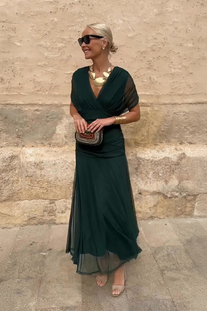 Elegant V-neck pleated maxi dress for women, perfect for evening events & wedding guests.