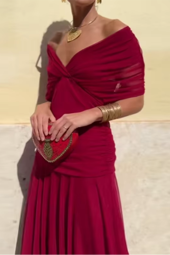 Elegant women's V-neck maxi dress, pleated waist, and long silhouette, ideal for special event attire.