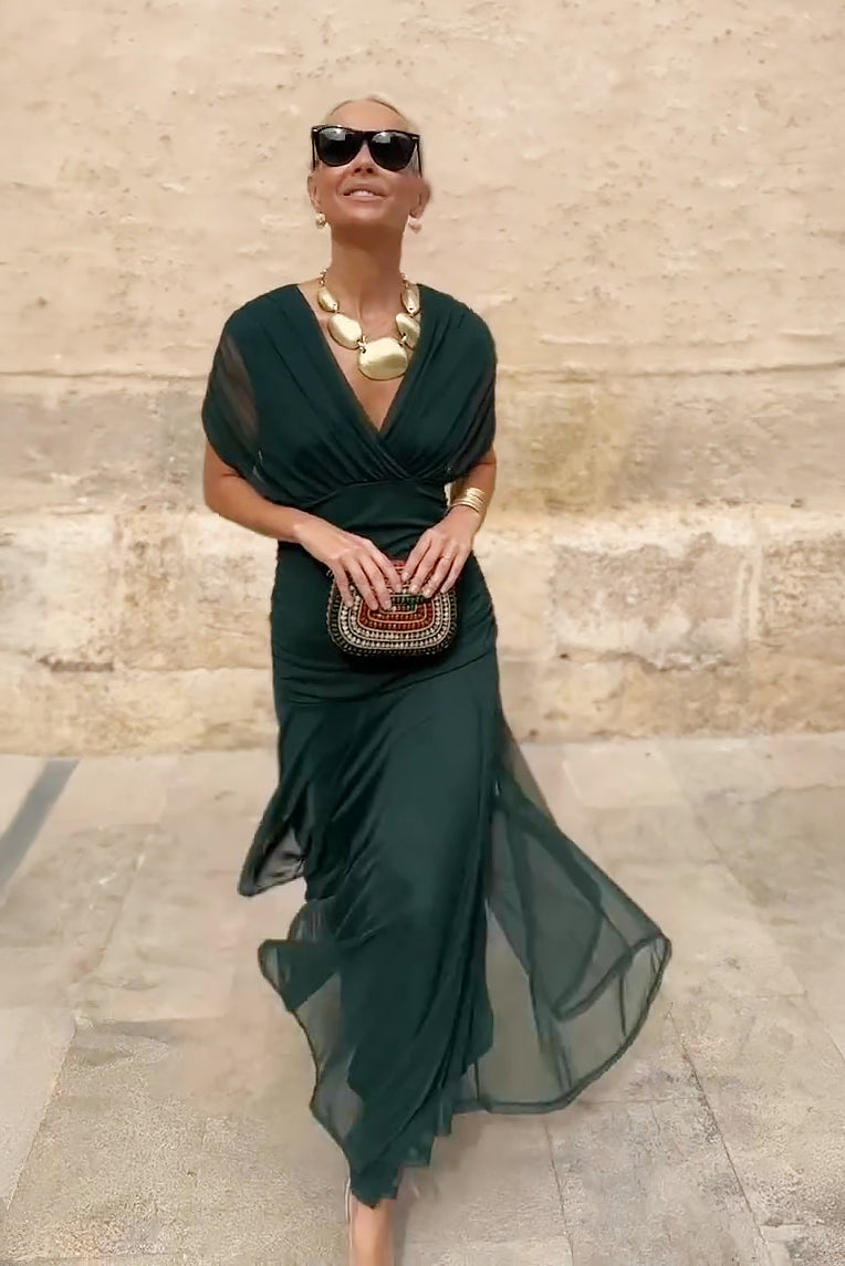 Women's formal V-neck maxi dress with chic pleated waist & draped sleeves for special occasions.