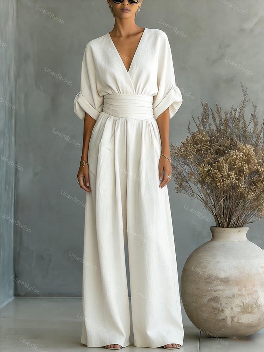 Elegant V-neck women's jumpsuit, perfect for formal events or versatile stylish outfits.
