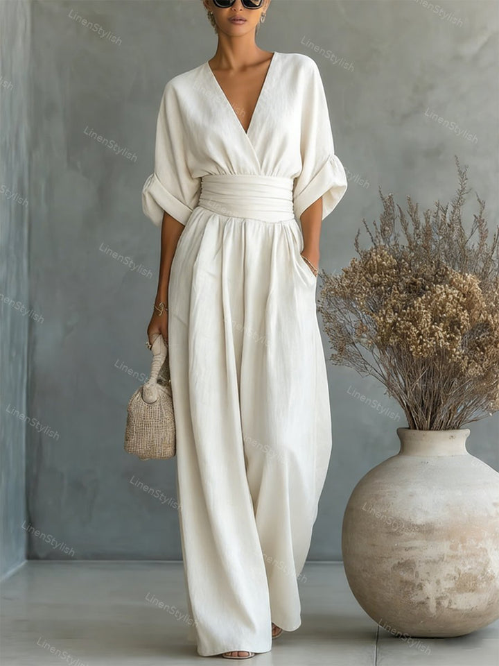 Classic elegant V-neck women's jumpsuit, ideal for formal wear or versatile fashion statements.