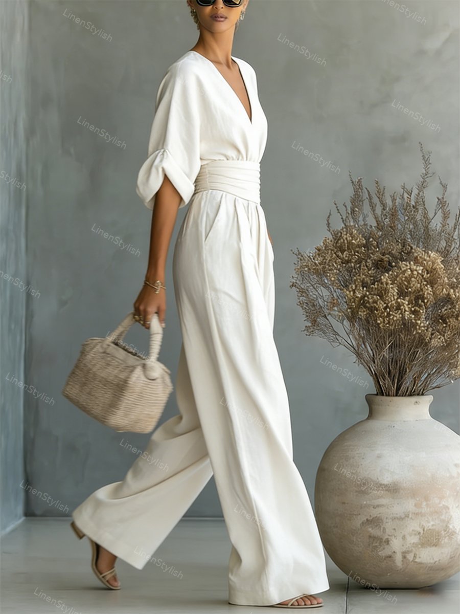 Stylish women's V-neck jumpsuit, a comfortable one-piece for a polished and elegant look.