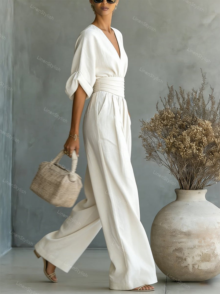 Stylish women's V-neck jumpsuit, a comfortable one-piece for a polished and elegant look.