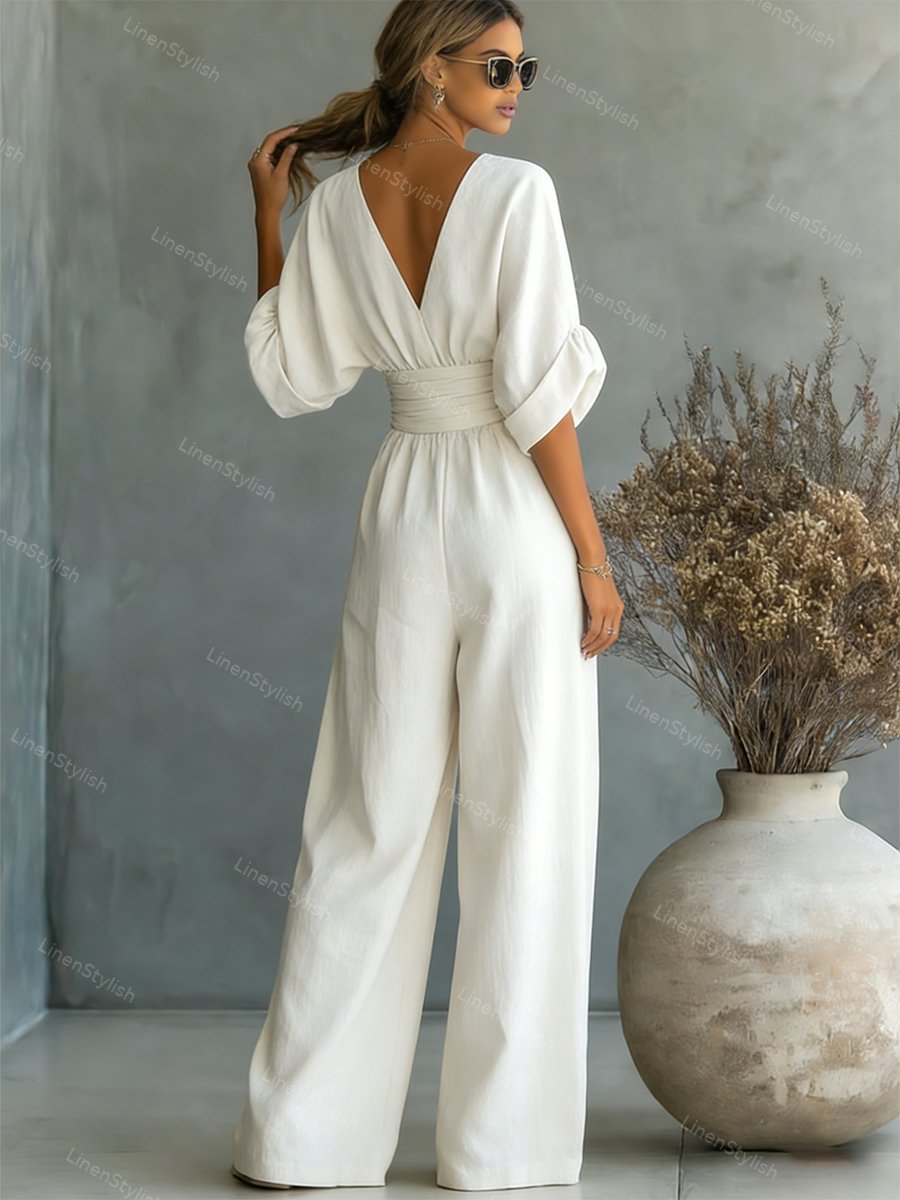Elegant V-neck women's jumpsuit, perfect for a formal event or a versatile, chic outfit.