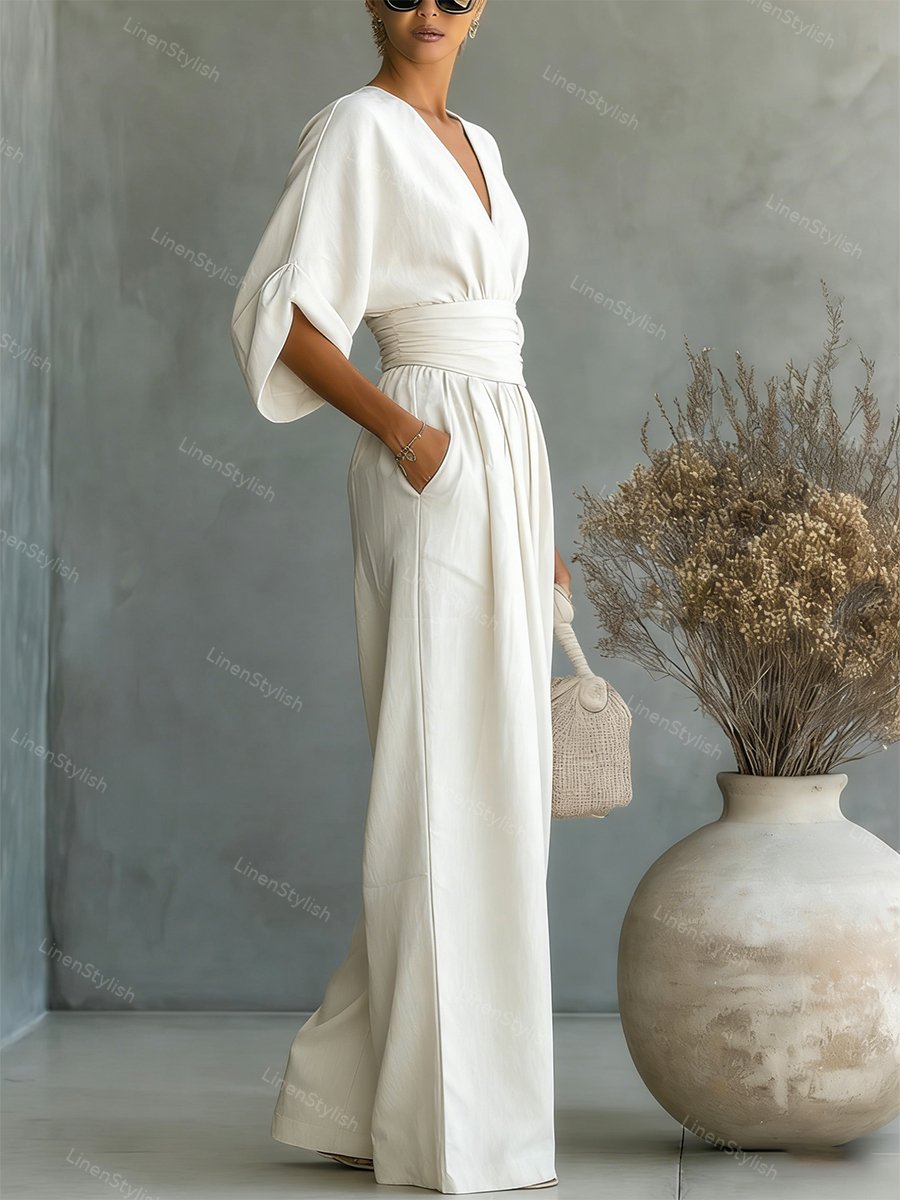 Women's comfortable formal V-neck jumpsuit, an effortless one-piece for sophisticated style.