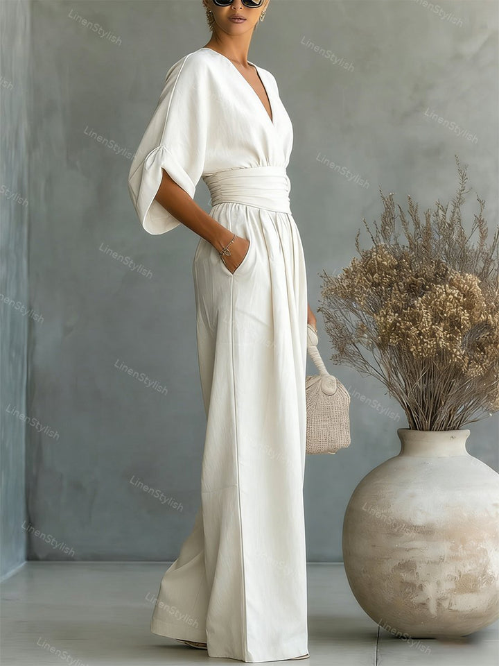 Women's comfortable formal V-neck jumpsuit, an effortless one-piece for sophisticated style.