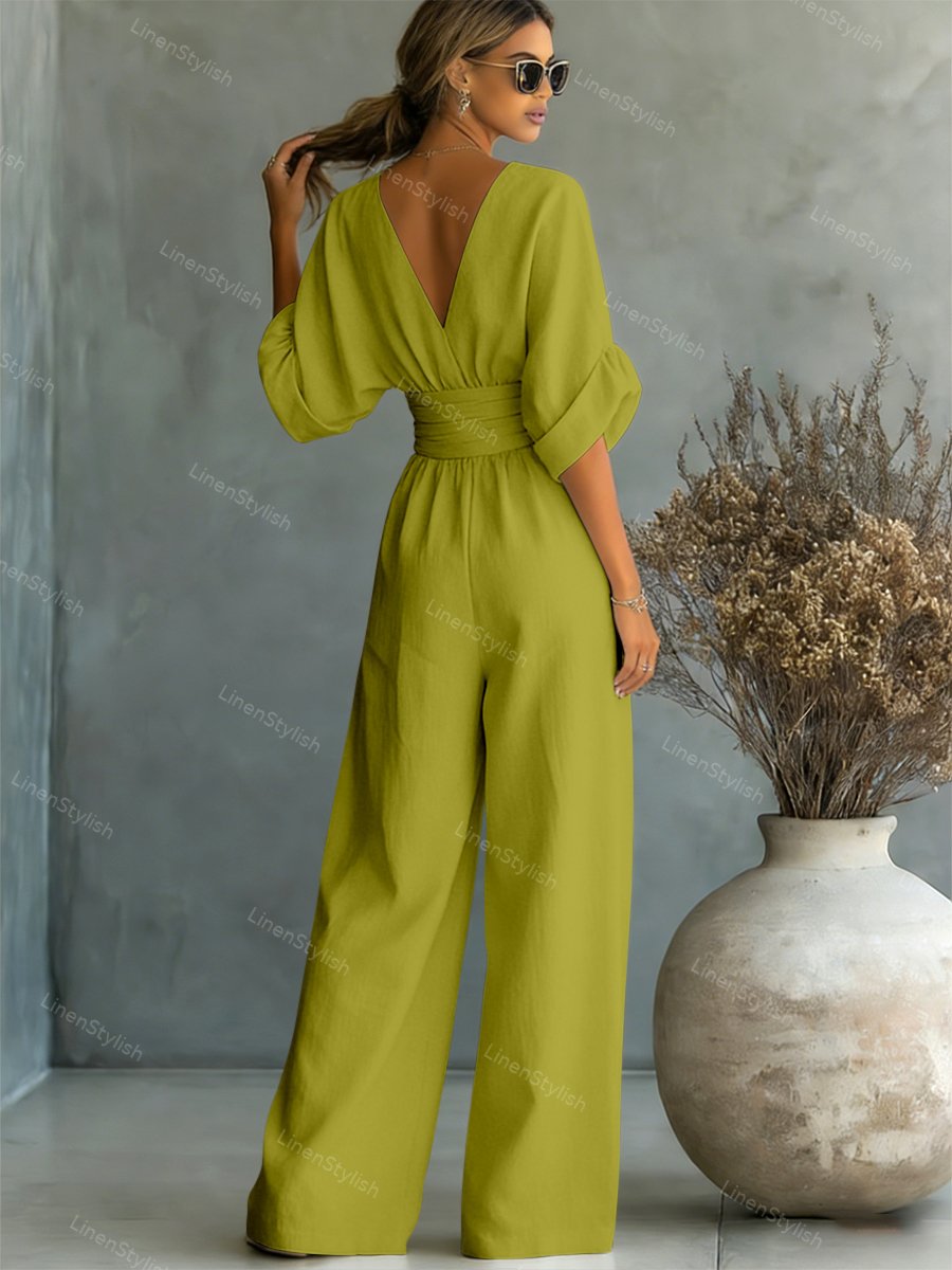 Fashion-forward elegant V-neck women's jumpsuit, offering versatile and comfortable formal wear.