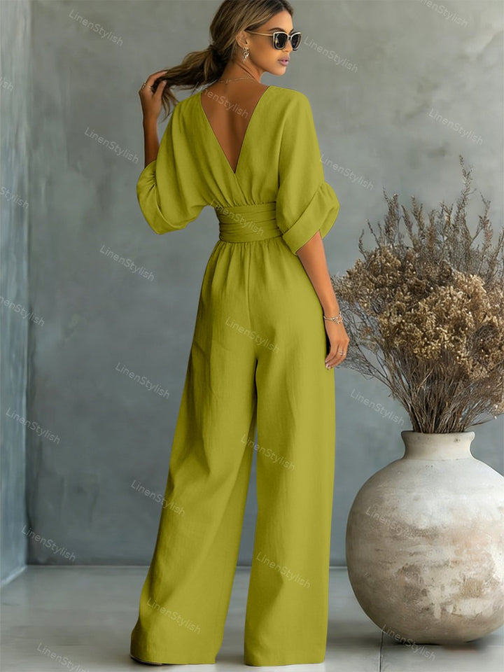 Fashion-forward elegant V-neck women's jumpsuit, offering versatile and comfortable formal wear.