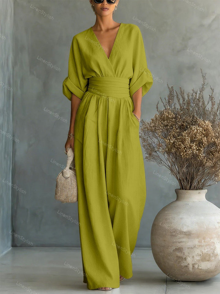 Comfortable one-piece women's jumpsuit with a flattering V-neck, designed for effortless style.