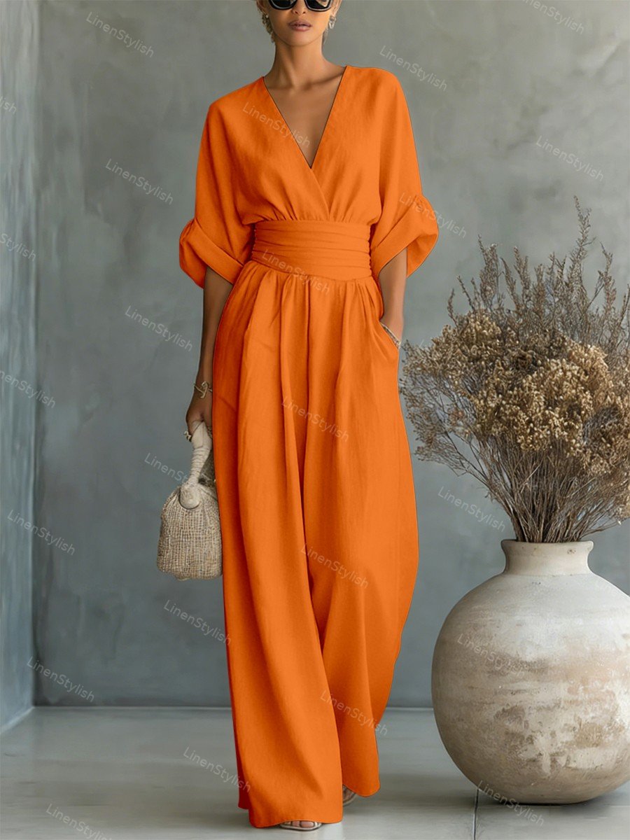 Stylish women's V-neck jumpsuit, offering comfort and versatility for any elegant occasion.
