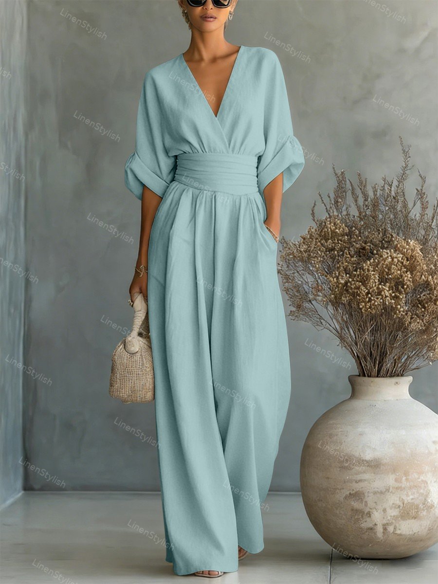 Fashionable one-piece V-neck jumpsuit for women, combining elegance with a comfortable fit.