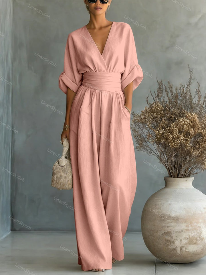 Versatile elegant V-neck jumpsuit for women, suitable for formal wear and chic outfits.