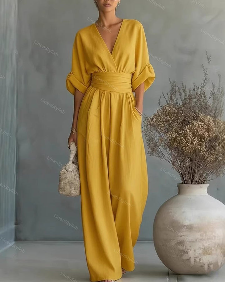 Chic women's formal V-neck jumpsuit, an elegant and comfortable outfit for special occasions.