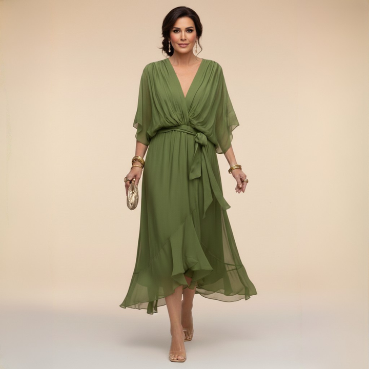 Elegant V-neck wrap midi dress for women, flattering and stylish for any occasion.
