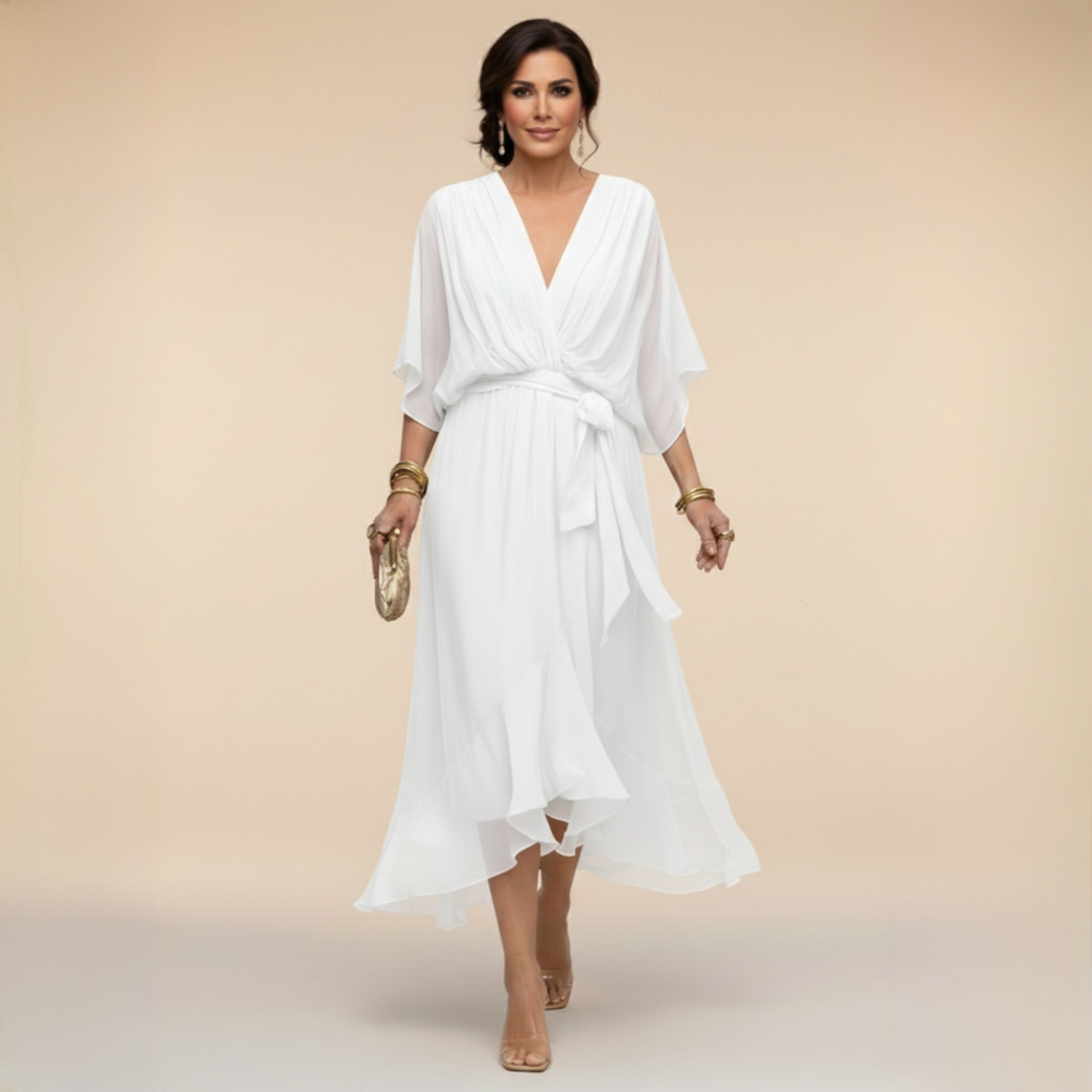Chic women's V-neck wrap midi dress, an elegant and versatile addition to any wardrobe.