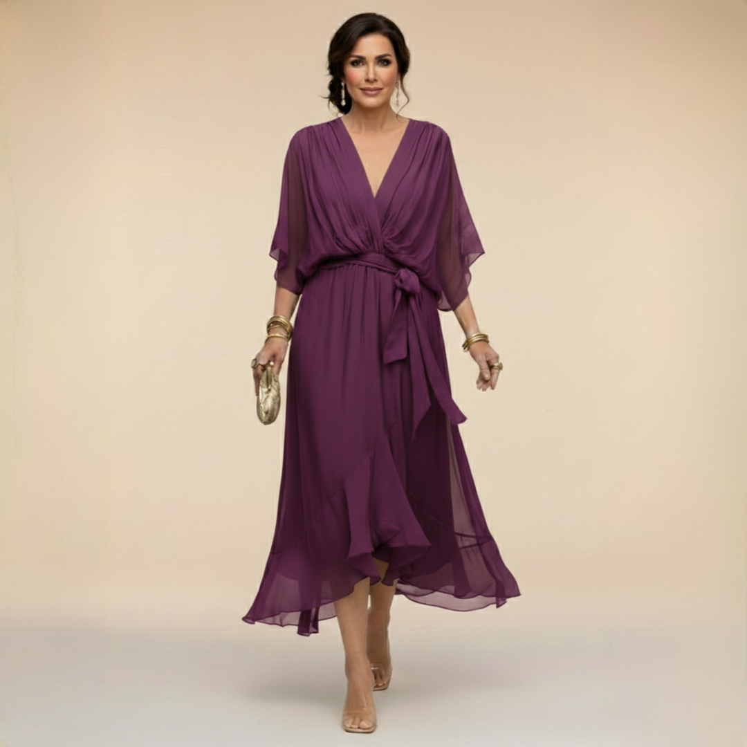 Elegant women's V-neck wrap midi dress, perfect for special events or stylish casual wear.