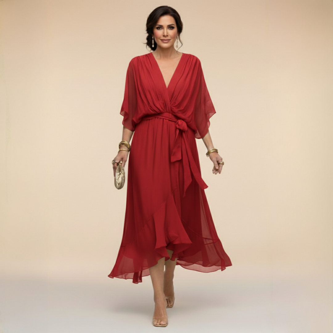 Flattering women's A-line V-neck wrap midi dress, offering elegant and comfortable style.