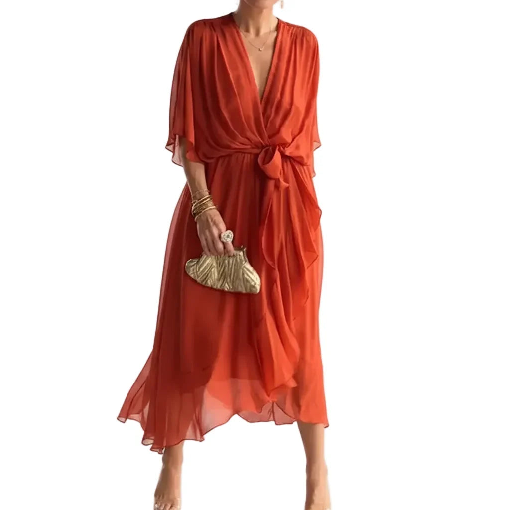 Women's elegant V-neck wrap midi dress; flattering, comfortable, and versatile for modern fashion.