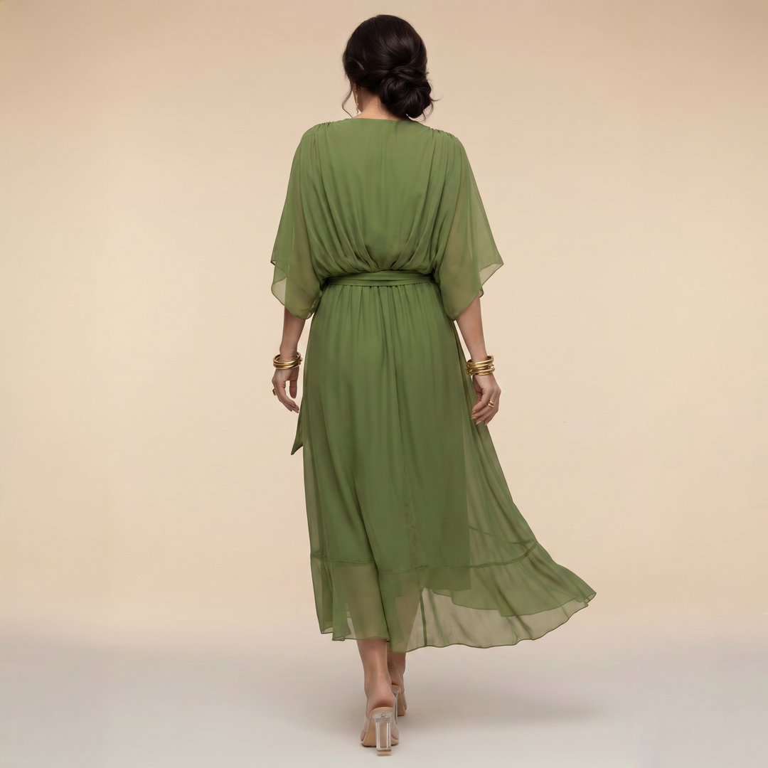 Flattering women's V-neck wrap midi dress with comfortable 3/4 sleeves, elegant for any event.