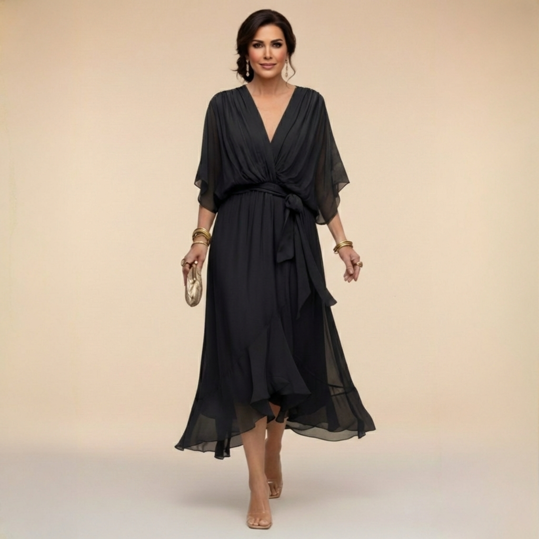 Stylish women's V-neck wrap midi dress, perfect for spring & summer fashion. Elegant & comfortable.