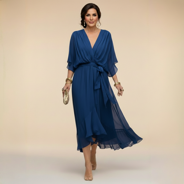 Elegant women's V-neck wrap midi dress, a flattering choice for fall fashion. Comfortable & chic.