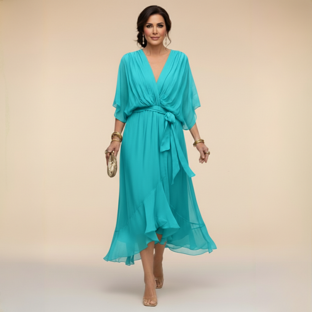 Women's flattering wrap midi dress with elegant V-neck, perfect for a chic and versatile look.