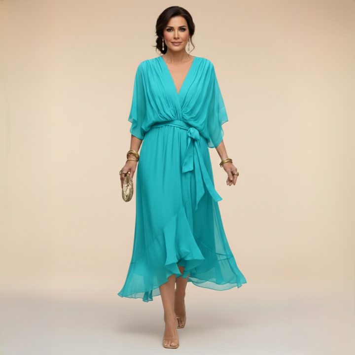 Women's flattering wrap midi dress with elegant V-neck, perfect for a chic and versatile look.