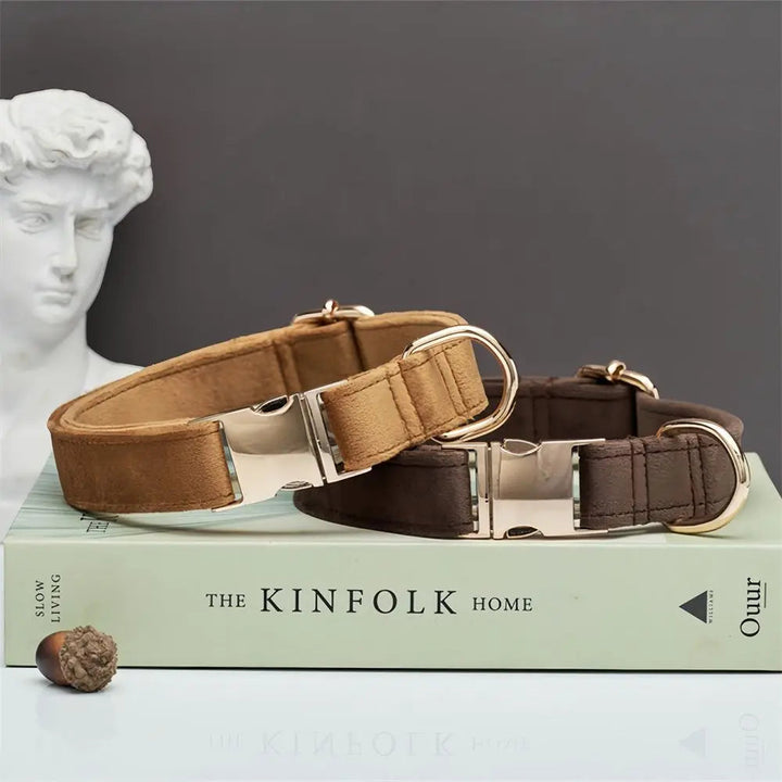 Personalized ID pet collar and leash set, luxurious velvet in navy blue, ideal for dog and cat accessories.