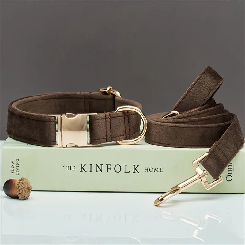 Soft velvet pet collar and leash combo, ergonomic design for comfortable pet walking, available in multiple colors.