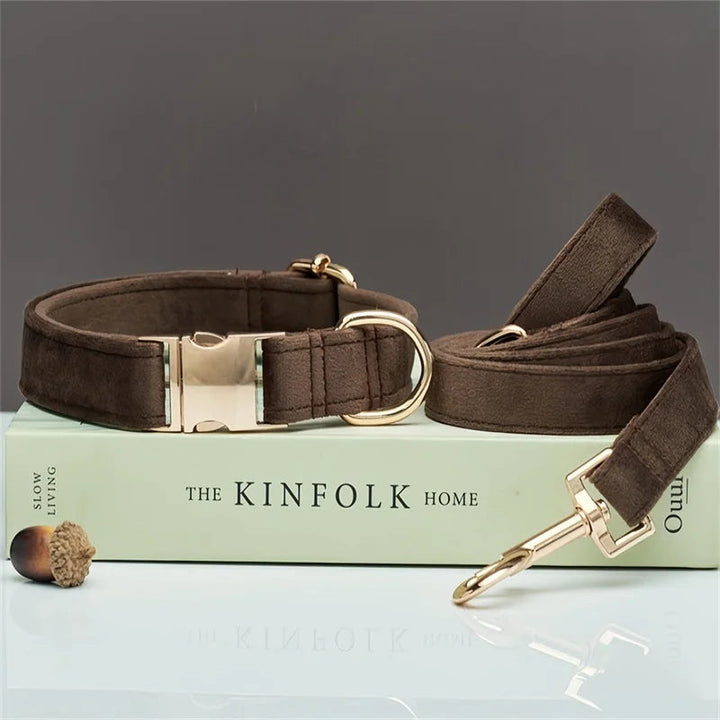 Soft velvet pet collar and leash combo, ergonomic design for comfortable pet walking, available in multiple colors.